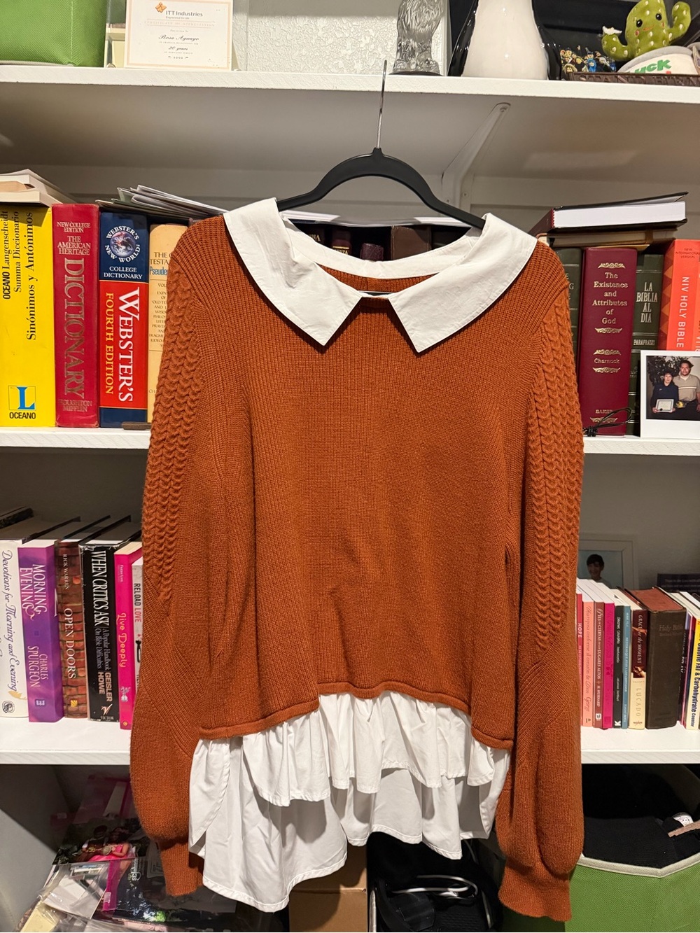 Anthropologie Rust Knit Sweater with White Collar and Ruffle Hem